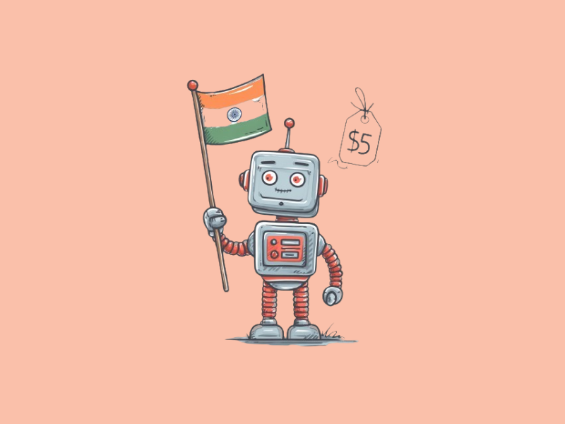 A robot with a $5 price tag holding an Indian flag (ChatGPT)