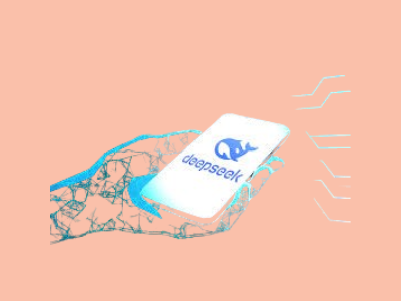 A digital hand holding a phone bearing the text "DeepSeek"