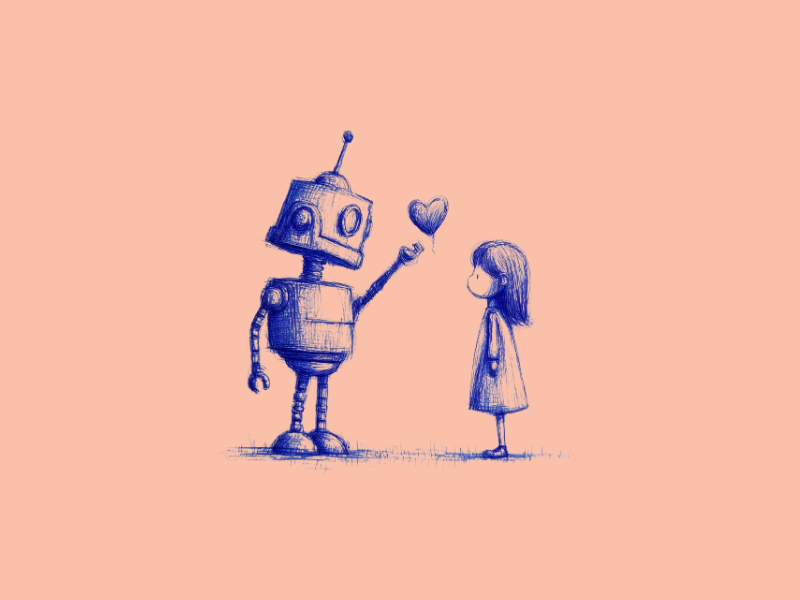 A robot holding a heat up to a girl