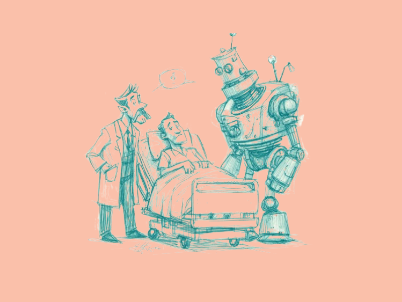 A doctor, and robot standing beside a patient in a hospital bed.