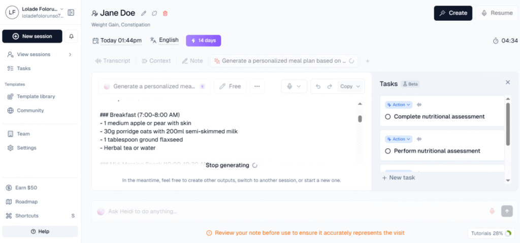Using Create feature in Heidi Health