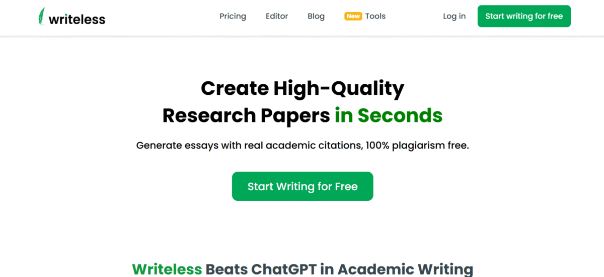 Writeless AI homepage
