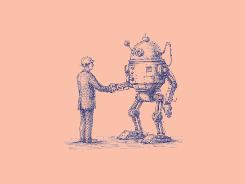 An engineer and a robot shaking hands