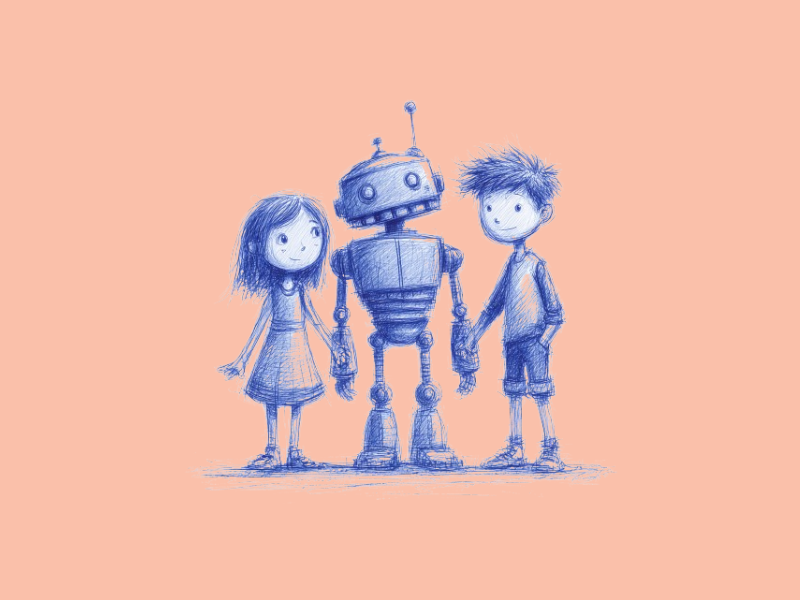 A robot holding hands with a teen boy and teen girl