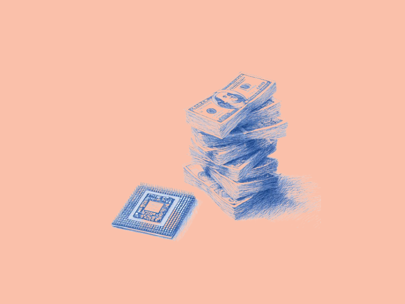 An AI chip laying beside a tall stack of cash