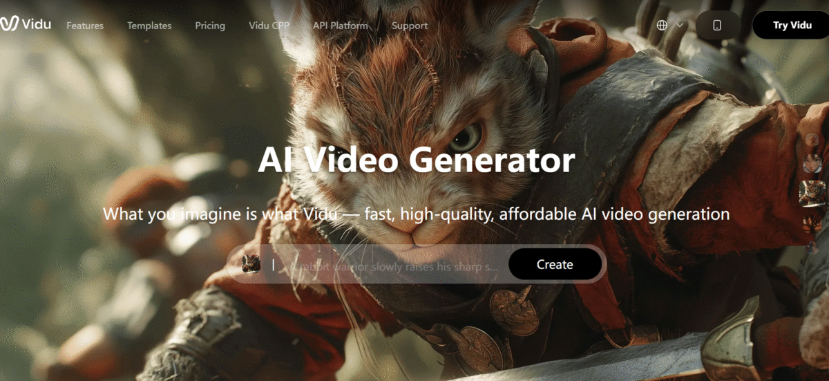 Vidu AI homepage
