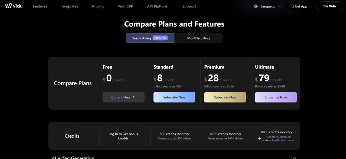 Vidu AI pricing