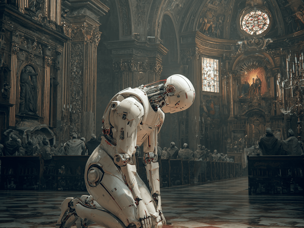 A (chatbot) robot kneeling to pray in a church