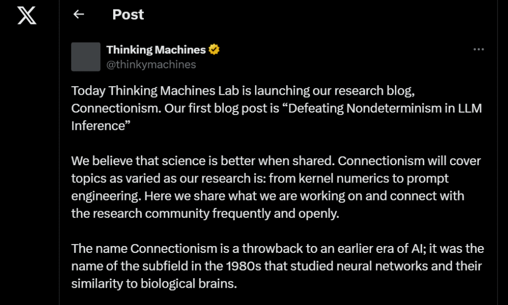 Thinking Machines Lab announces blog on X