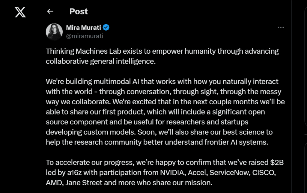 Founder of Thinking Machines Lab, Mira Murati, on X