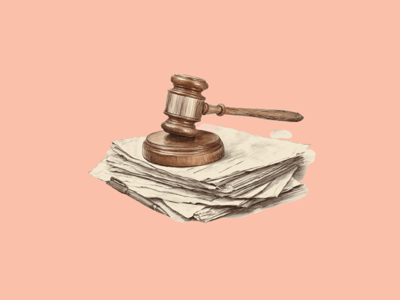 A legal gavel atop a stack of paper