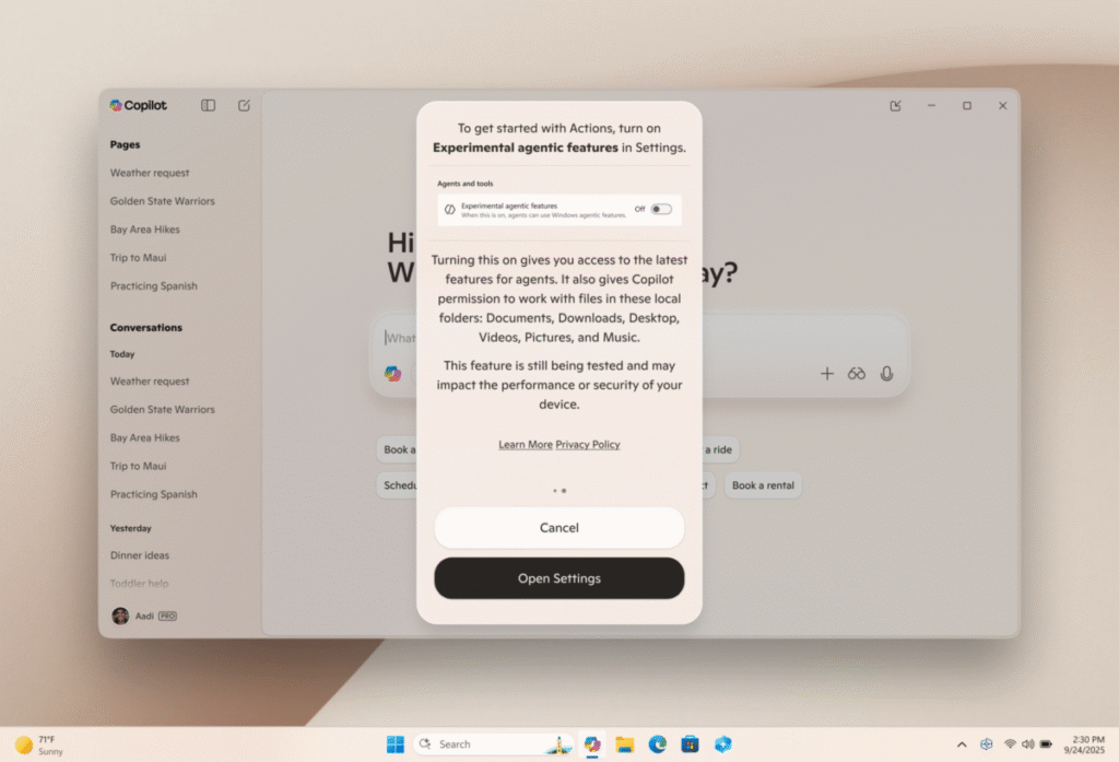 A Windows 11 screen showing the setup prompt for Copilot Actions. 