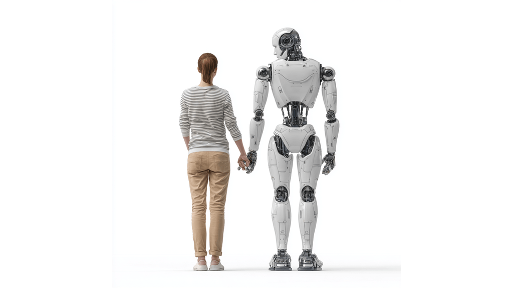 A woman and a robot holding hands
