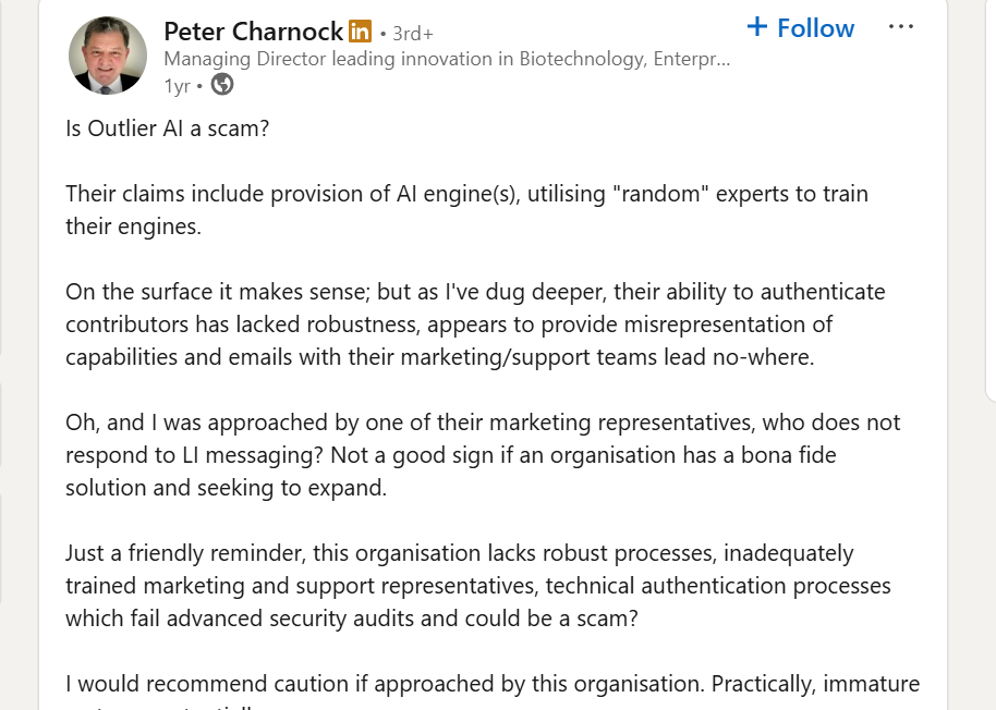 Outlier AI touted as a scam on LinkedIn 
