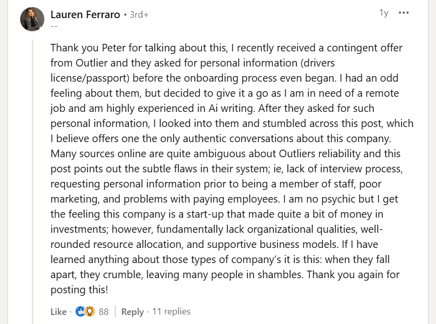 Negative review of the company 