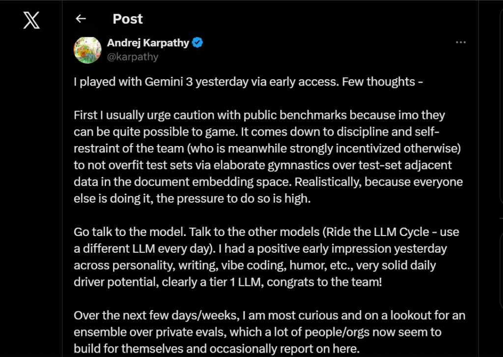 Andrej Karpathy's post about Gemini 3 on X