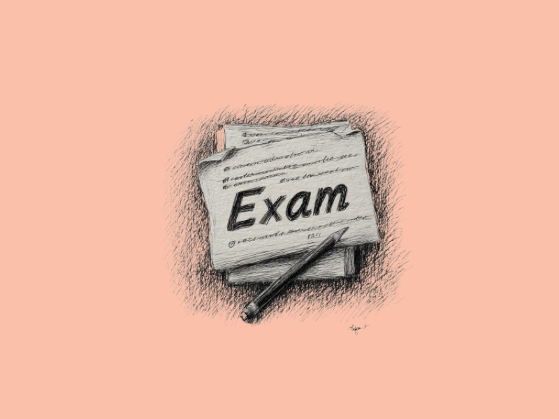 A paper with the text "Exam"