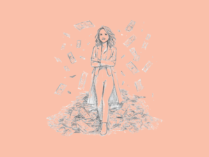 A woman standing in front of a pile of cash