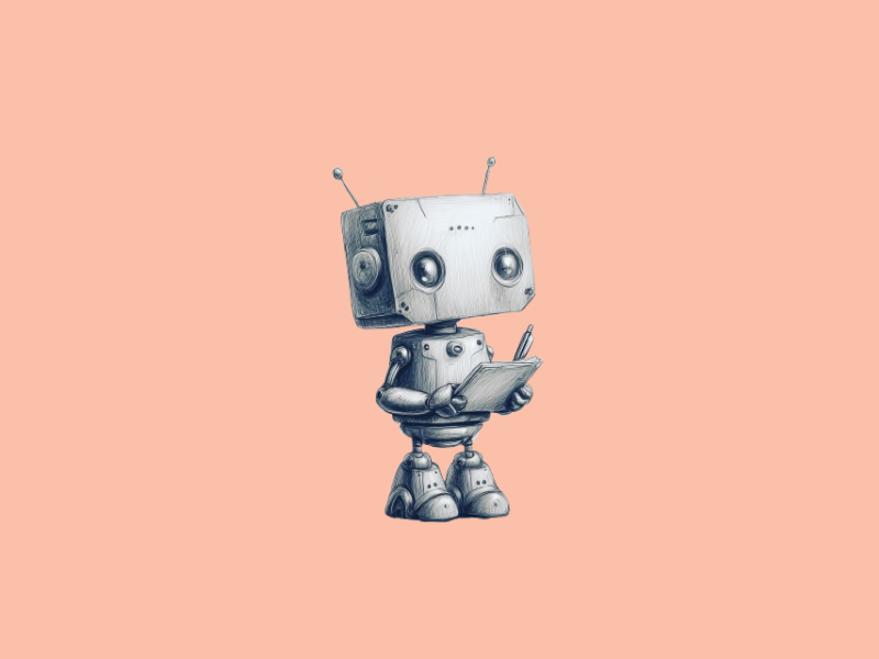 A robot holding a notepad and a pen