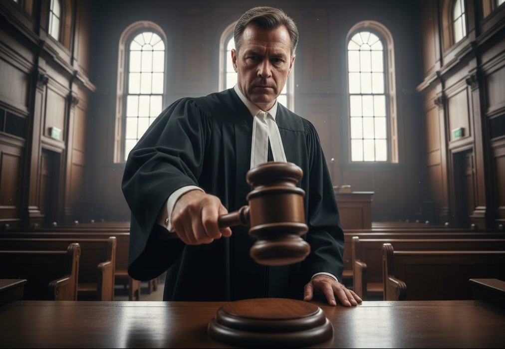 A judge hitting a gavel to a sounding board