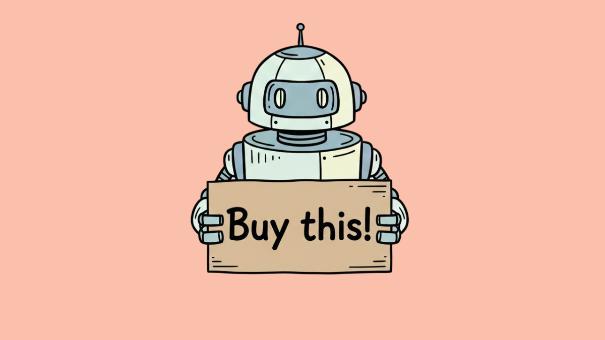 A robot holding an ad