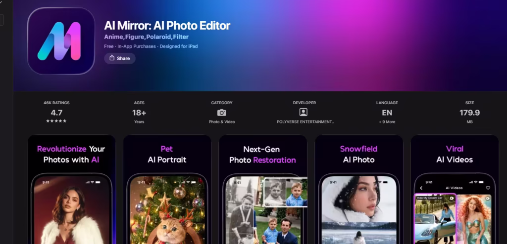 AI Mirror, a photo editor