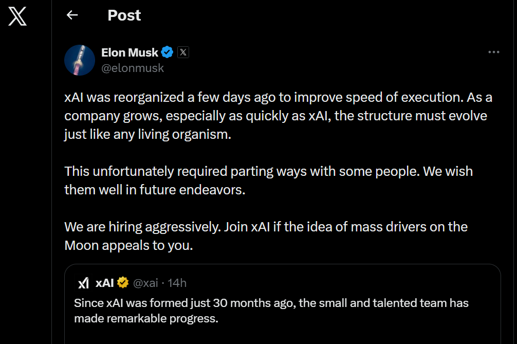 Elon Musk post about xAI