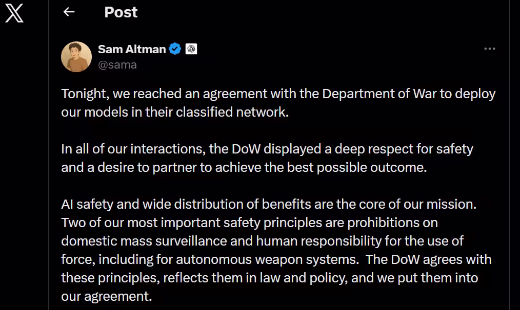 Sam Altman address Pentagon deal