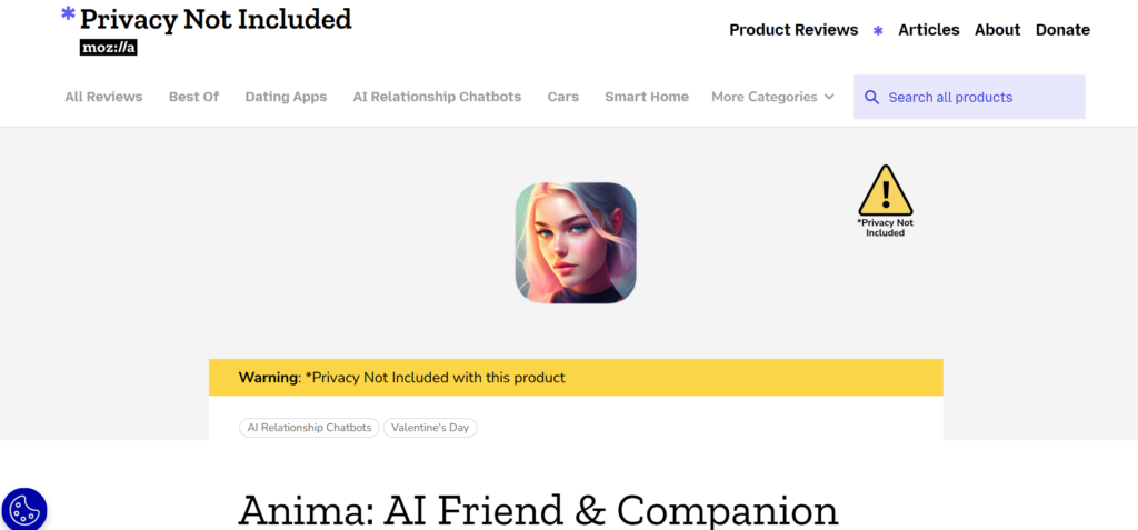 Mozilla's Privacy Not Included project review of Anima AI