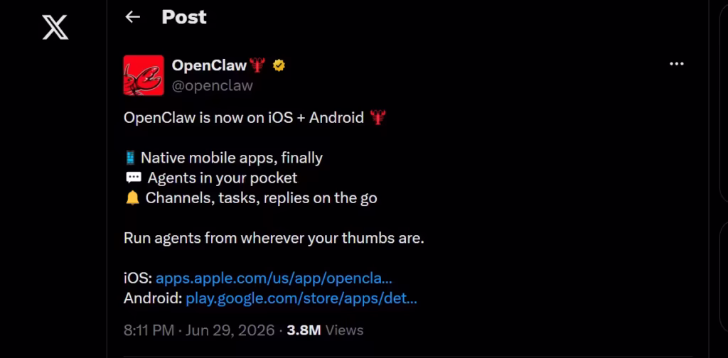 OpenClaw mobile announced on X