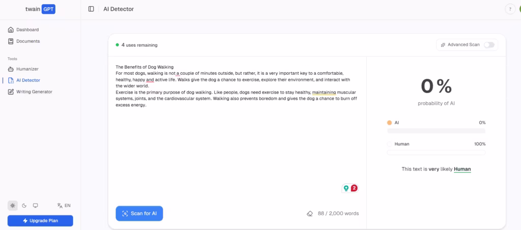 Using TwainGPT's AI detector