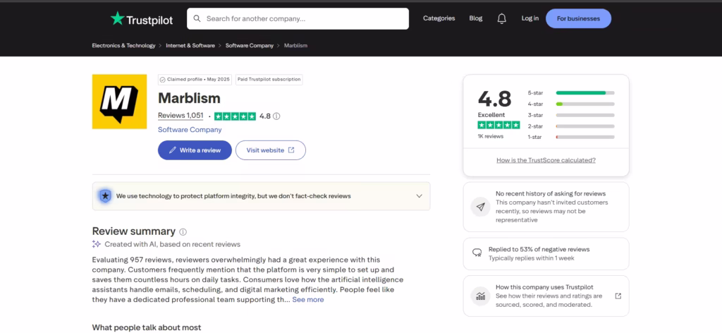 Marblism review on Trustpilot