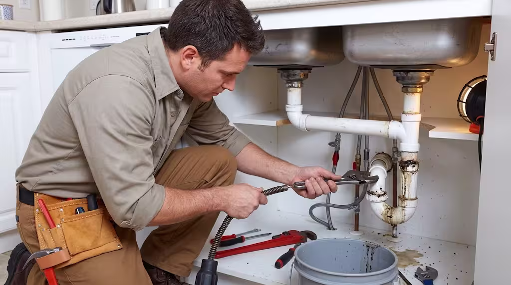 A plumber fixing a clogged sink